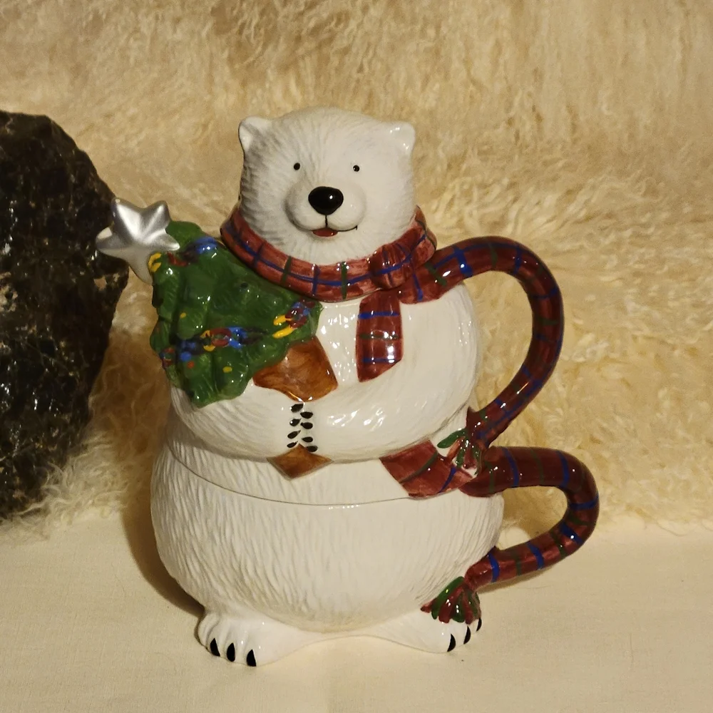 Vtg Pfaltzgraff Ceramic Glazed Polar Bear TeaPot W/Hot Chocolate Coffee Cup Mug